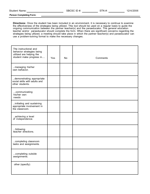 Student Evaluation Form - Yes, No Questions Download Pdf