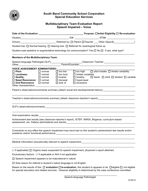 Multidisciplinary Team Evaluation Report Template - Speech Impaired - Voice - South Bend Community School Corporation Download Pdf