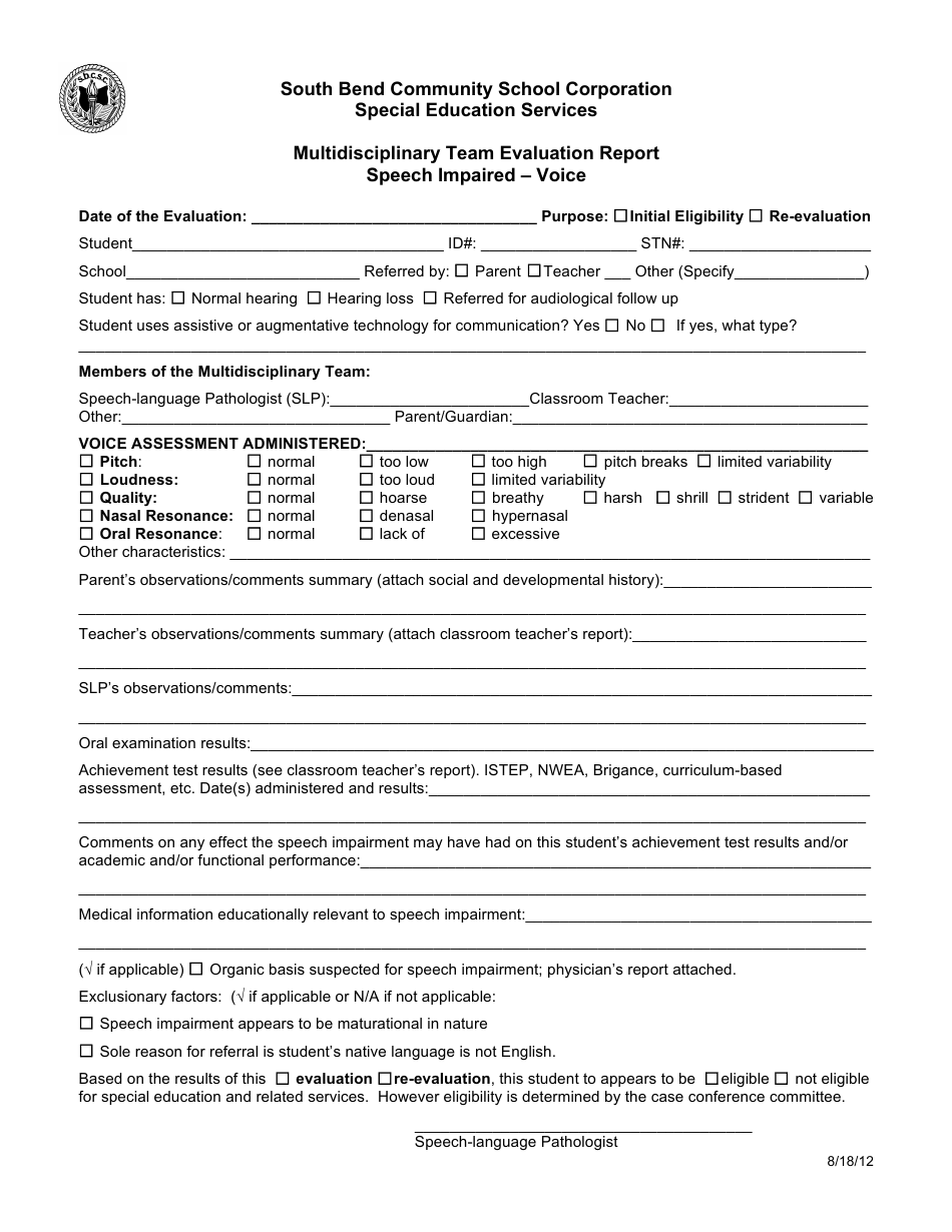 Multidisciplinary Team Evaluation Report Template - Speech Impaired - Voice - South Bend Community School Corporation, Page 1