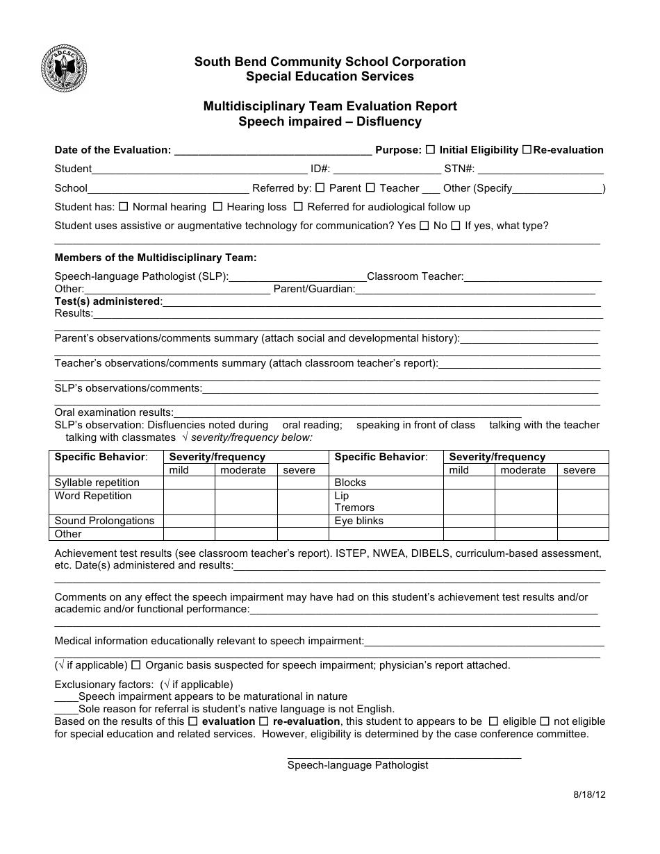 Multidisciplinary Team Evaluation Report Template - Speech Impaired - Disfluency - South Bend Community School Corporation, Page 1