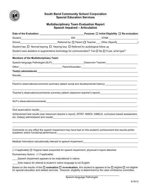 Multidisciplinary Team Evaluation Report Template - Speech Impaired - Articulation - South Bend Community School Corporation Download Pdf
