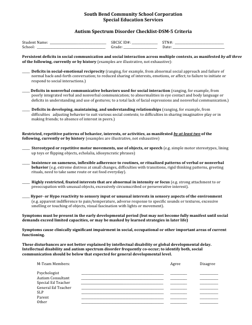 Autism Spectrum Disorder Checklist Template - An essential tool for assessing individuals for Autism Spectrum Disorder based on DSM-5 criteria.