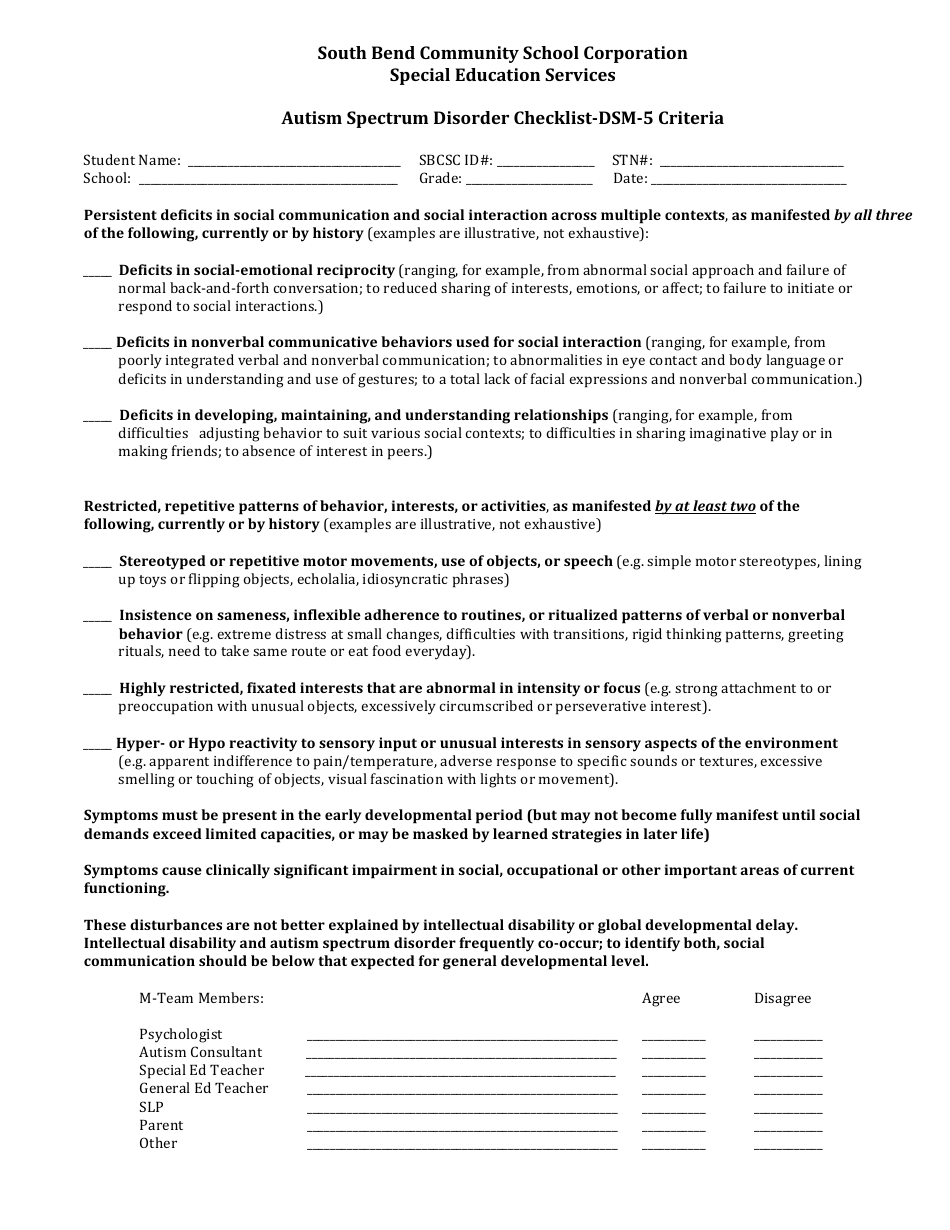 Autism Spectrum Disorder Checklist Template - An essential tool for assessing individuals for Autism Spectrum Disorder based on DSM-5 criteria.