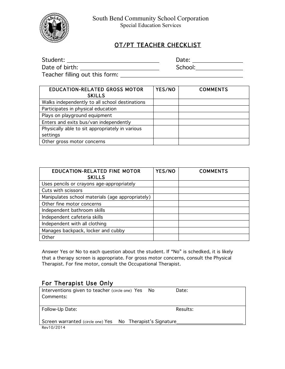 OT/PT Teacher Checklist Template - South Bend Community School Corporation