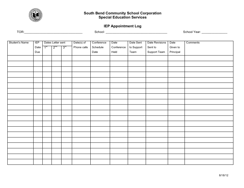 Iep Appointment Log Template - South Bend Community School Corporation