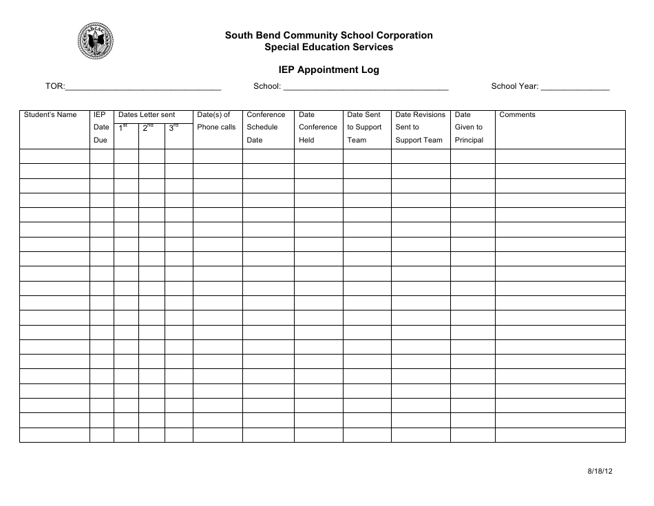 Iep Appointment Log Template - South Bend Community School Corporation Preview