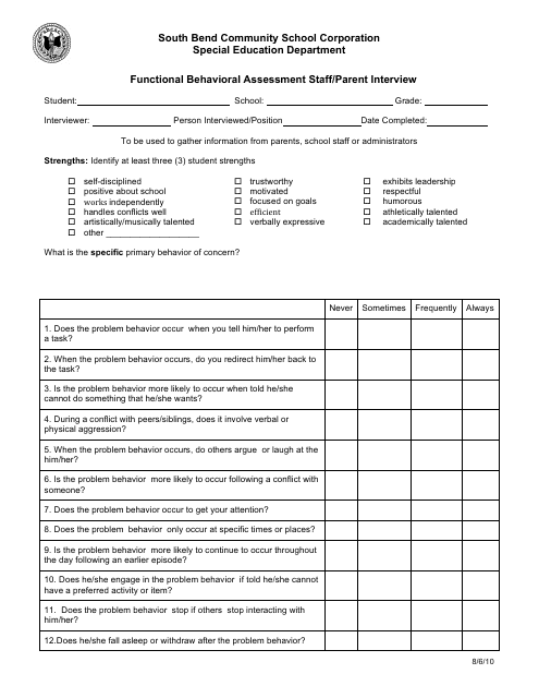 Functional Behavioral Assessment Staff / Parent Interview Form - South Bend Community School Corporation Download Pdf