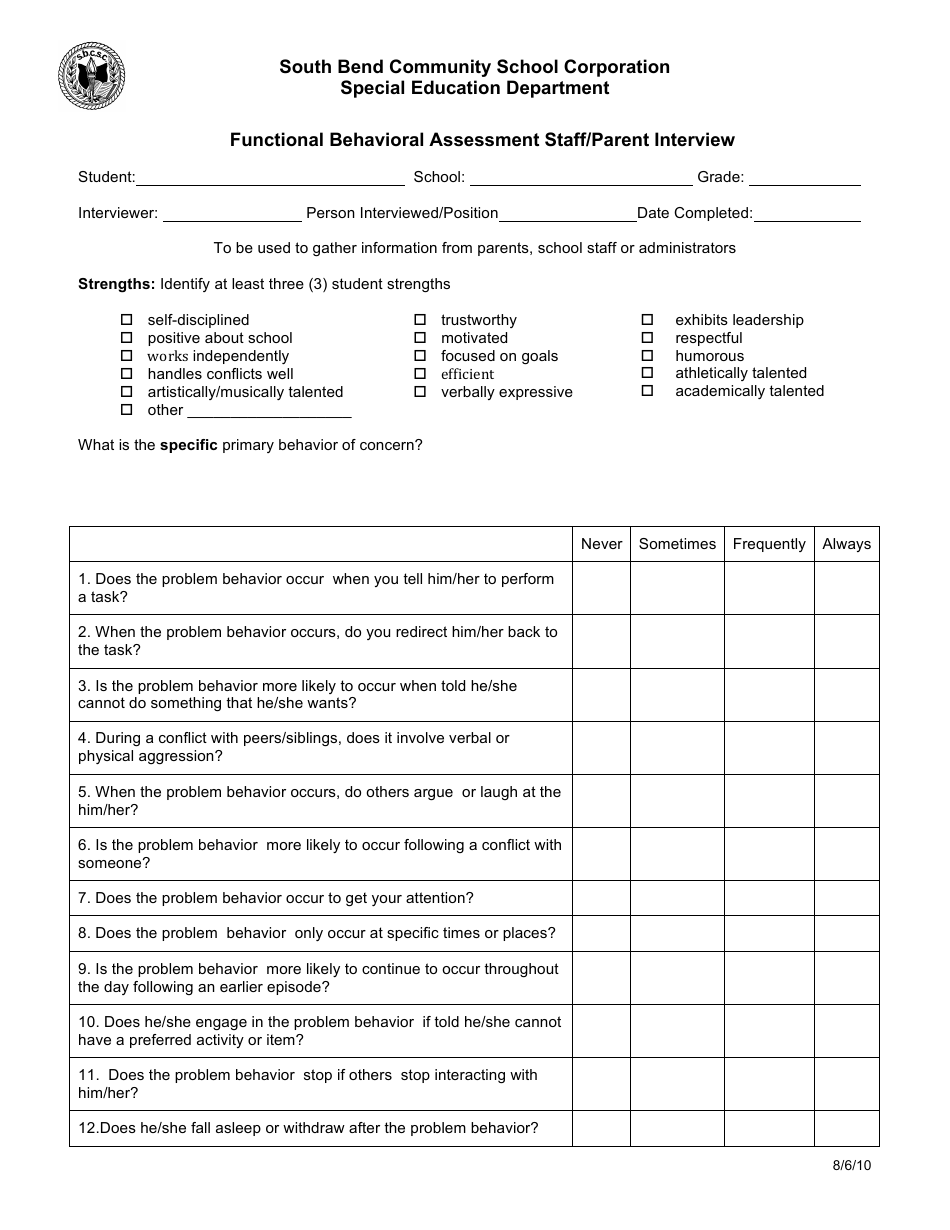 Functional Behavioral Assessment Staff / Parent Interview Form - South Bend Community School Corporation, Page 1