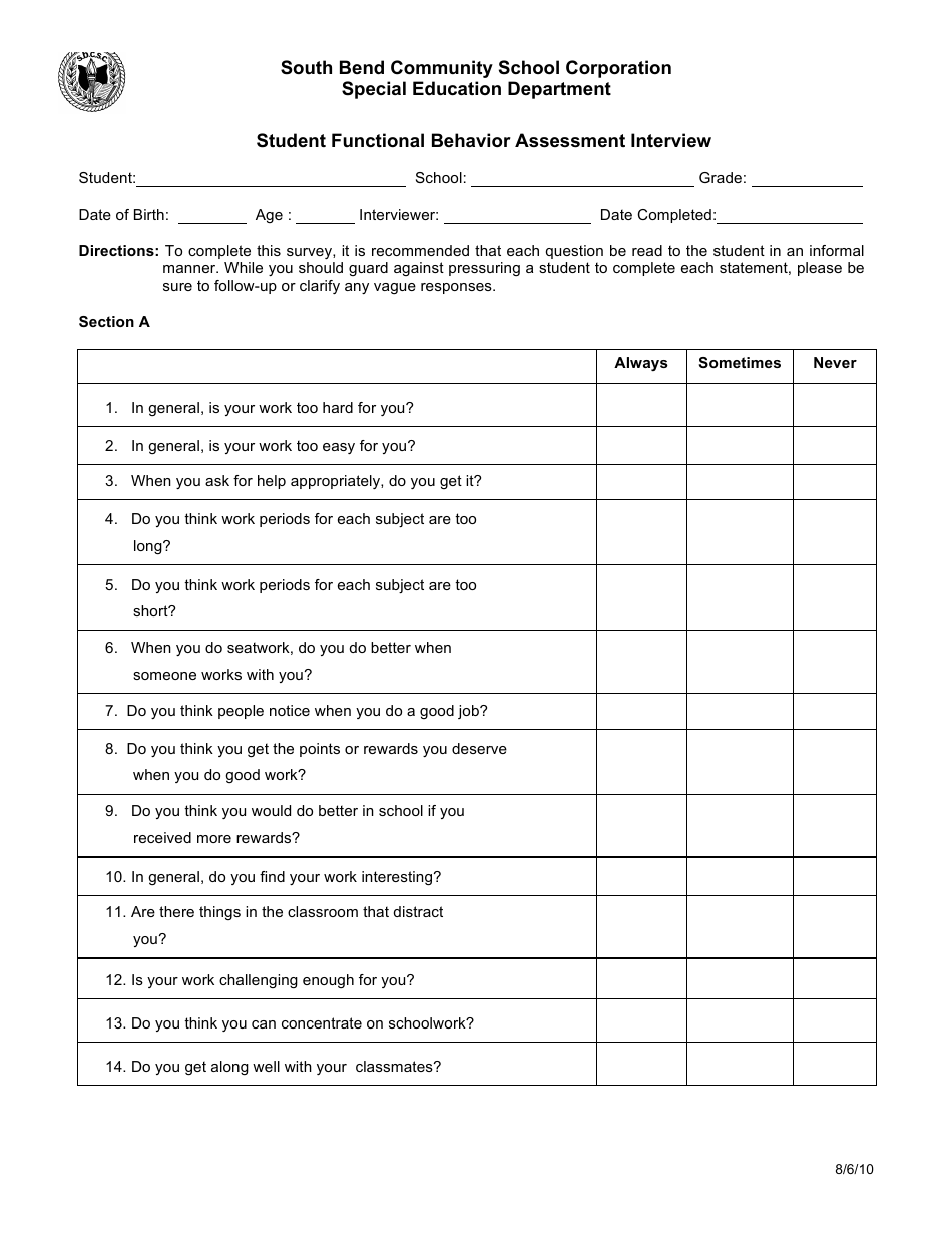 Student Functional Behavior Assessment Interview Form - South Bend Community School Corporation, Page 1