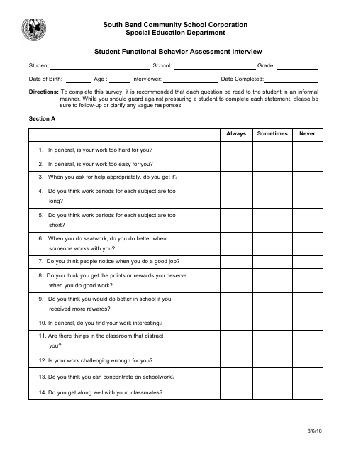 Student Functional Behavior Assessment Interview Form - South Bend Community School Corporation Download Pdf