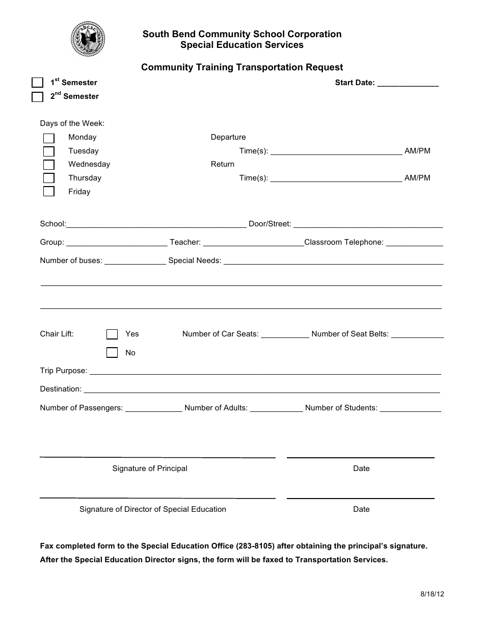 Community Training Transportation Request Form - South Bend Community School Corporation, Page 1