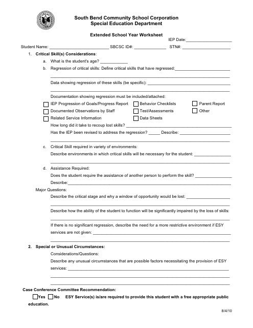 Extended School Year Worksheet Template - South Bend Community School Corporation