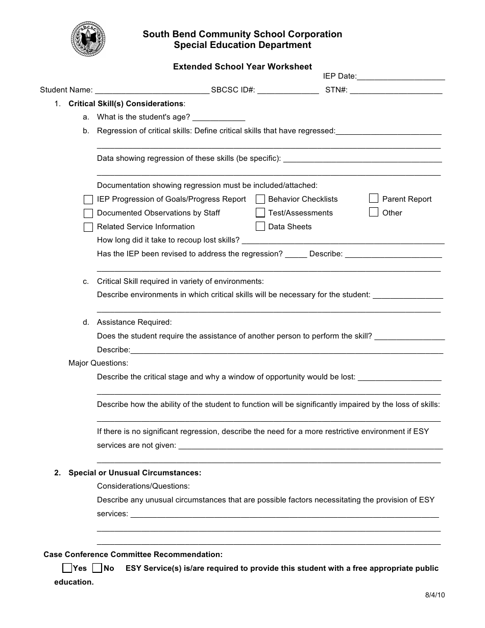 Extended School Year Worksheet Template - South Bend Community School Corporation
