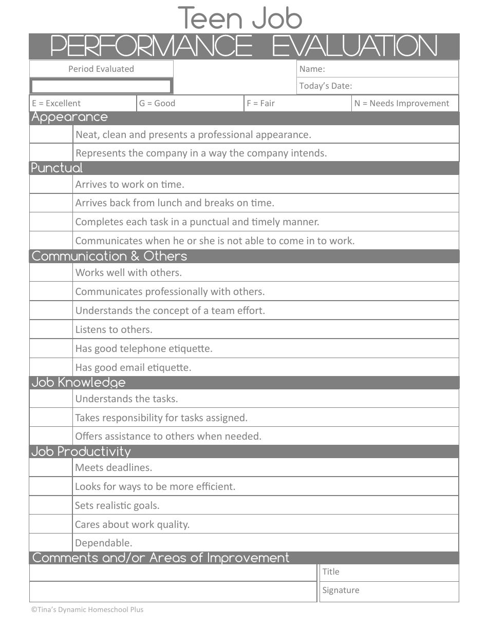 Teen Job Performance Evaluation Form - Tinas Dynamic Homeschool Plus, Page 1