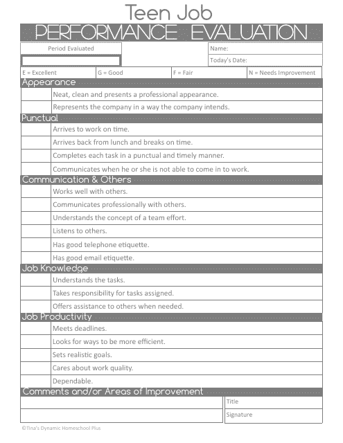 Teen Job Performance Evaluation Form - Tina's Dynamic Homeschool Plus
