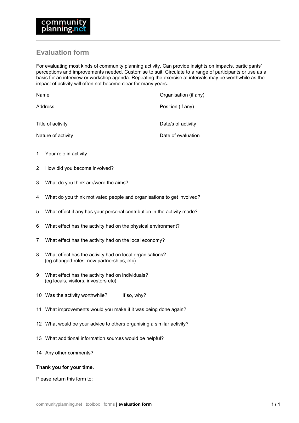 Community Planning Activity Evaluation Form - Community Planning.net, Page 1