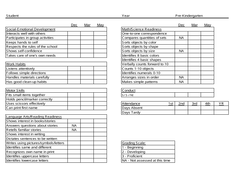 Pre-kindergarten General Assessment Form