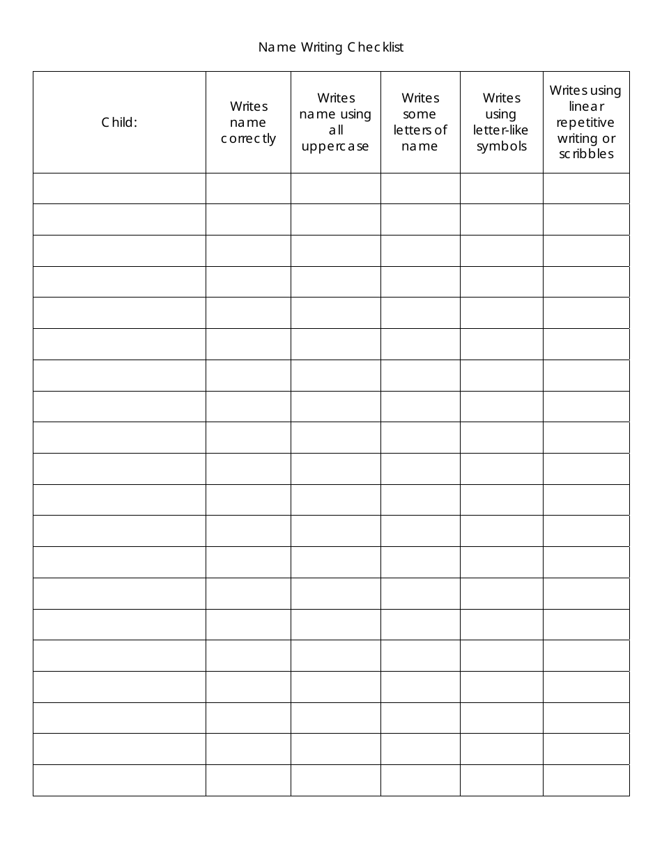 Name Writing Checklist Template Download Printable PDF Templateroller