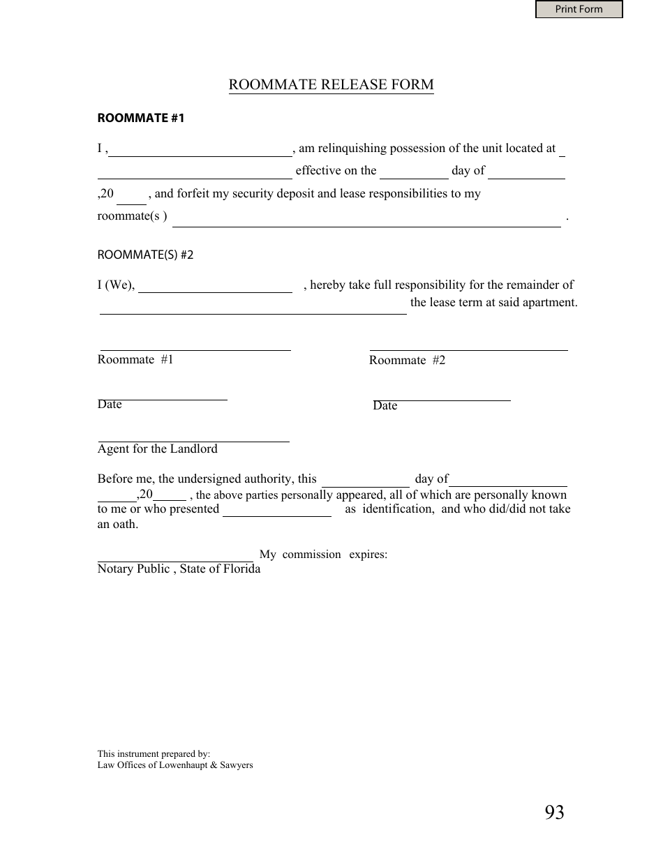 Roommate Release Form - Florida, Page 1