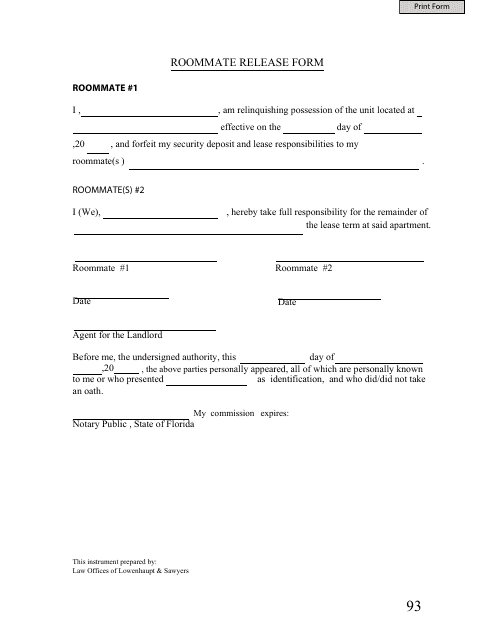 Roommate Release Form - Florida Download Pdf
