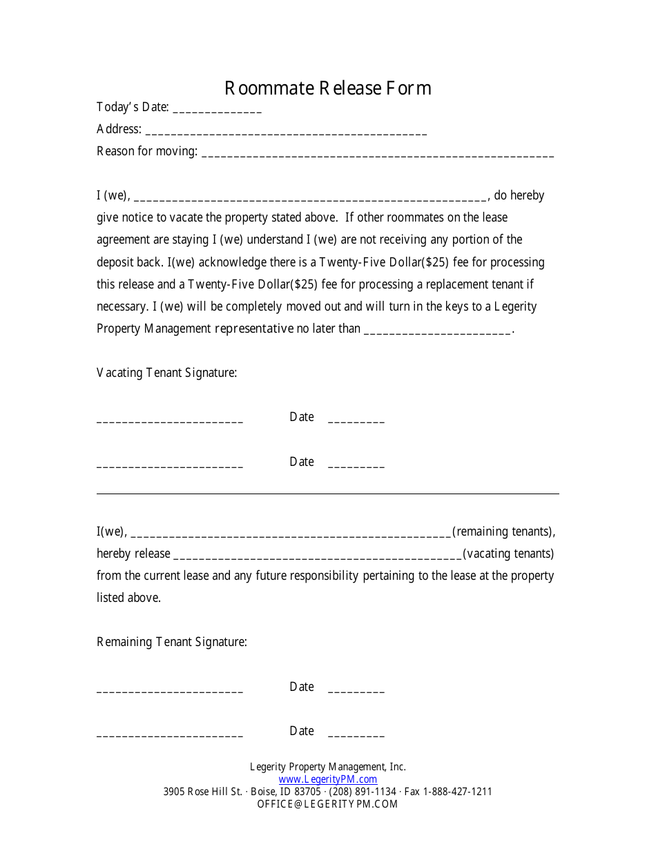 Roommate Release Form - Legerity Property Management, Inc., Page 1