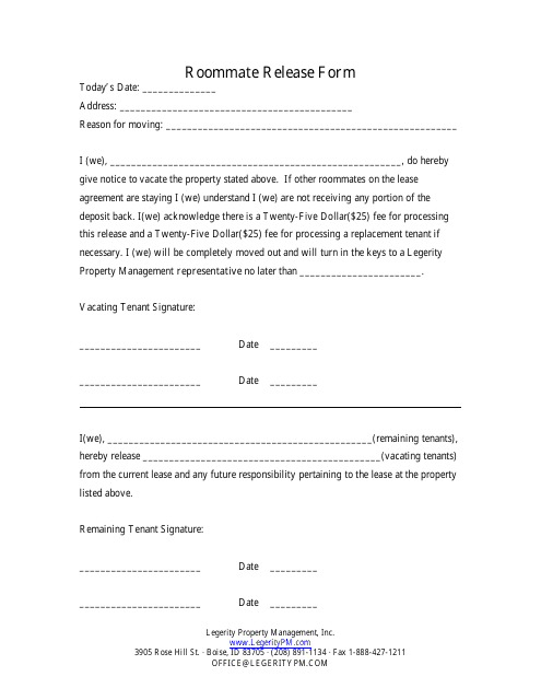 Roommate Release Form - Legerity Property Management, Inc. Download Pdf
