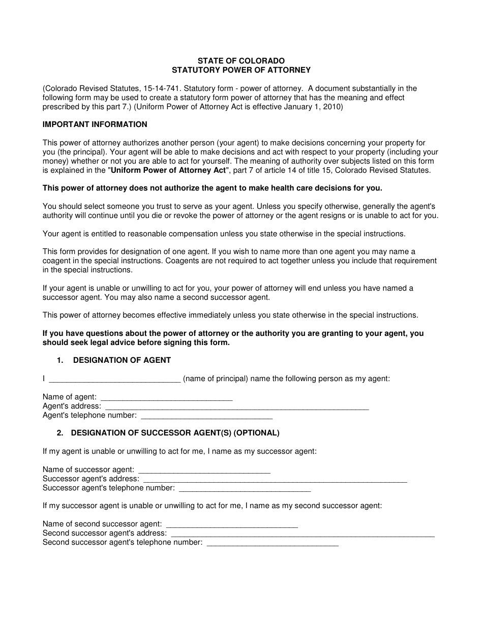 Statutory Power of Attorney Form - Different Points - Colorado, Page 1