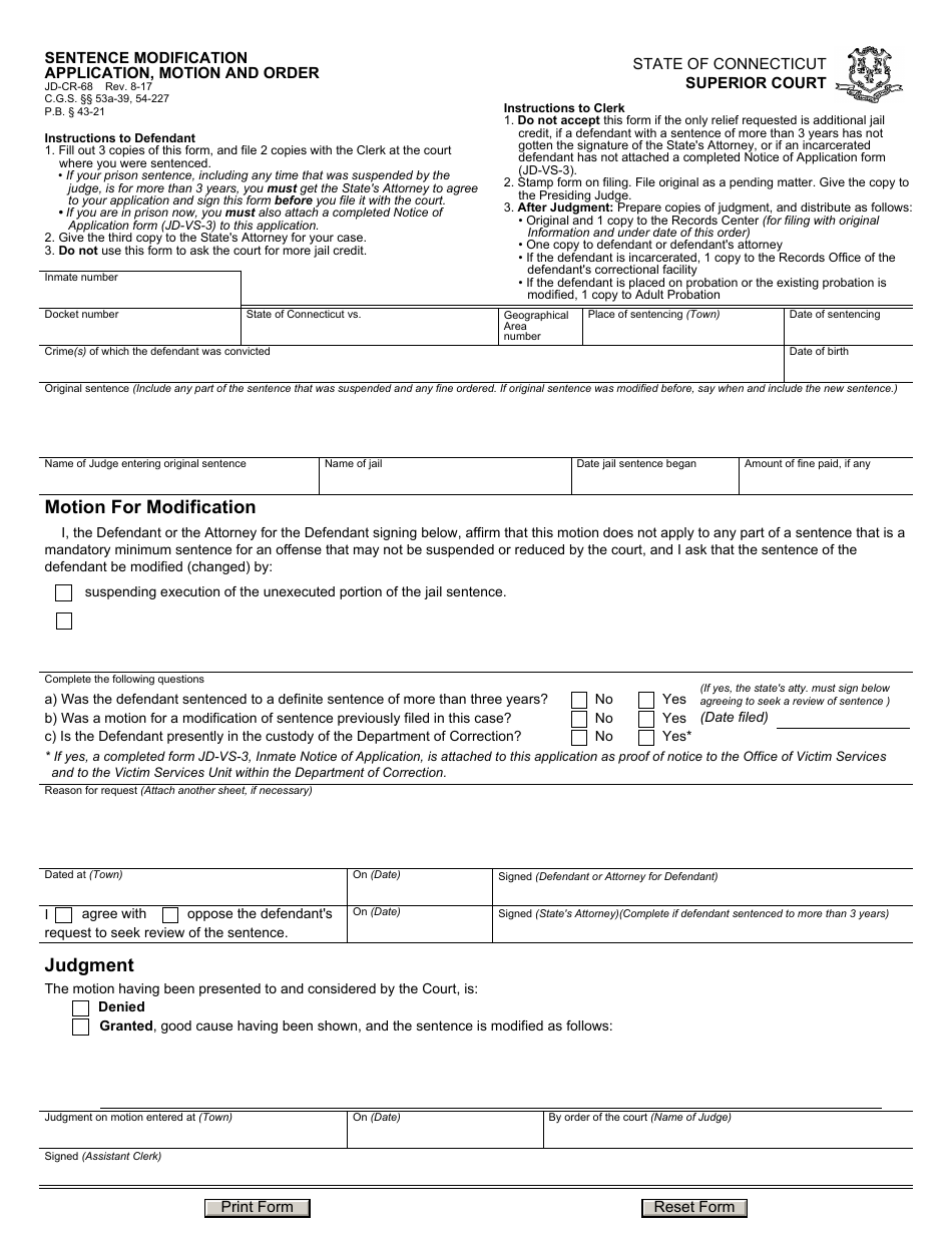 Form JD-CR-68 Sentence Modification - Application, Motion and Order - Connecticut, Page 1