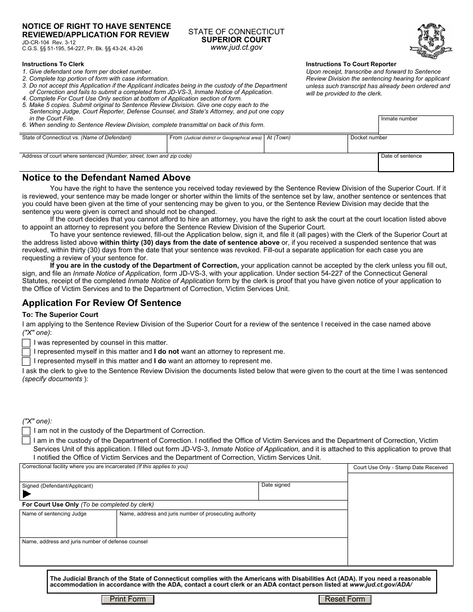 Form JD-CR-104 Notice of Right to Have Sentence Reviewed / Application for Review - Connecticut, Page 1