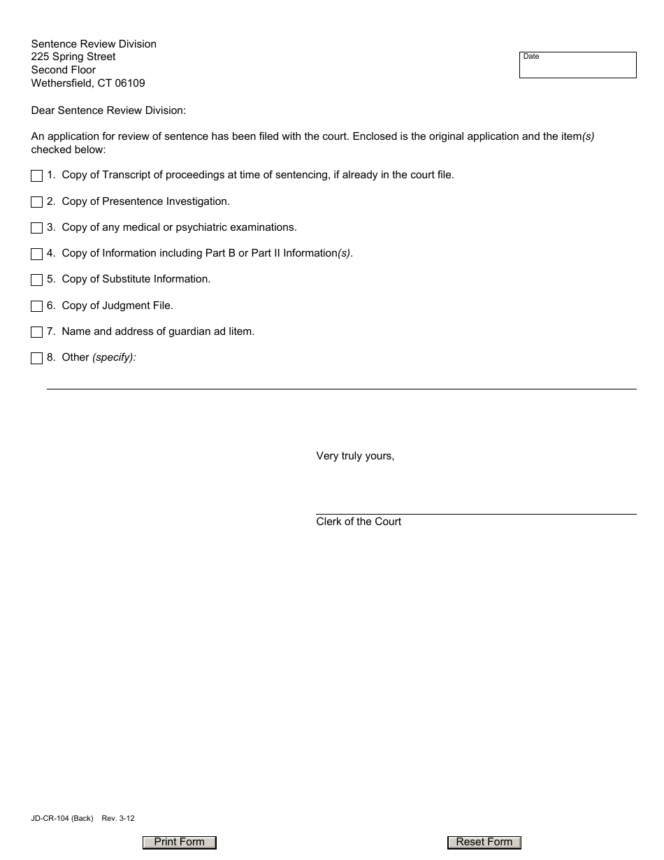 Form JD-CR-104 Notice of Right to Have Sentence Reviewed / Application for Review - Connecticut, Page 2