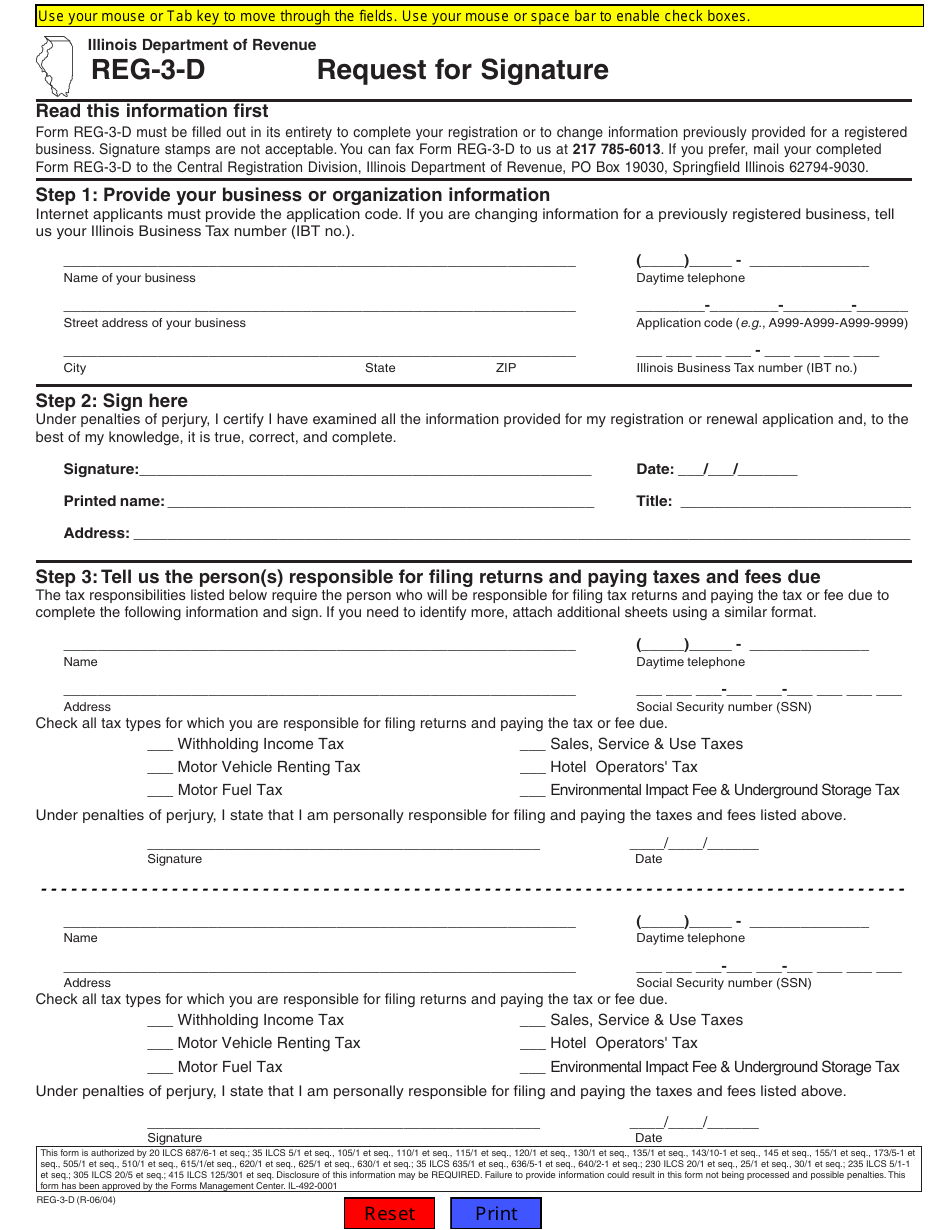 Form REG-3-D Request for Signature - Illinois, Page 1