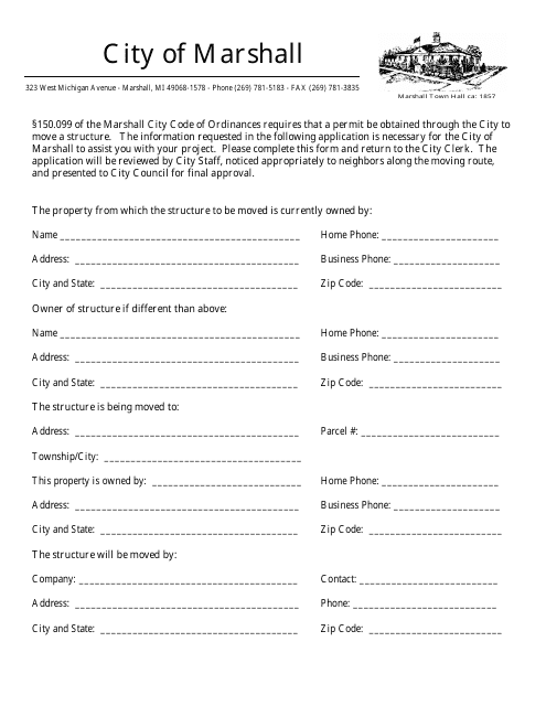 Application for Moving a Structure Permission - City of Marshall, Michigan Download Pdf