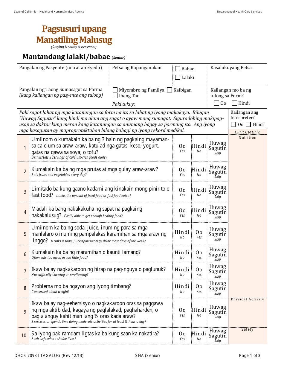 Form DHCS7098 I Staying Healthy Assessment: Senior - California (Tagalog), Page 1
