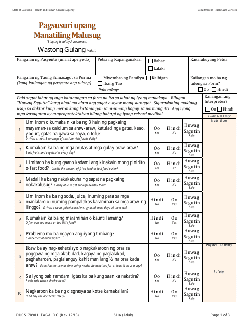 Form DHCS7098 H Staying Healthy Assessment: Adult - California (Tagalog)