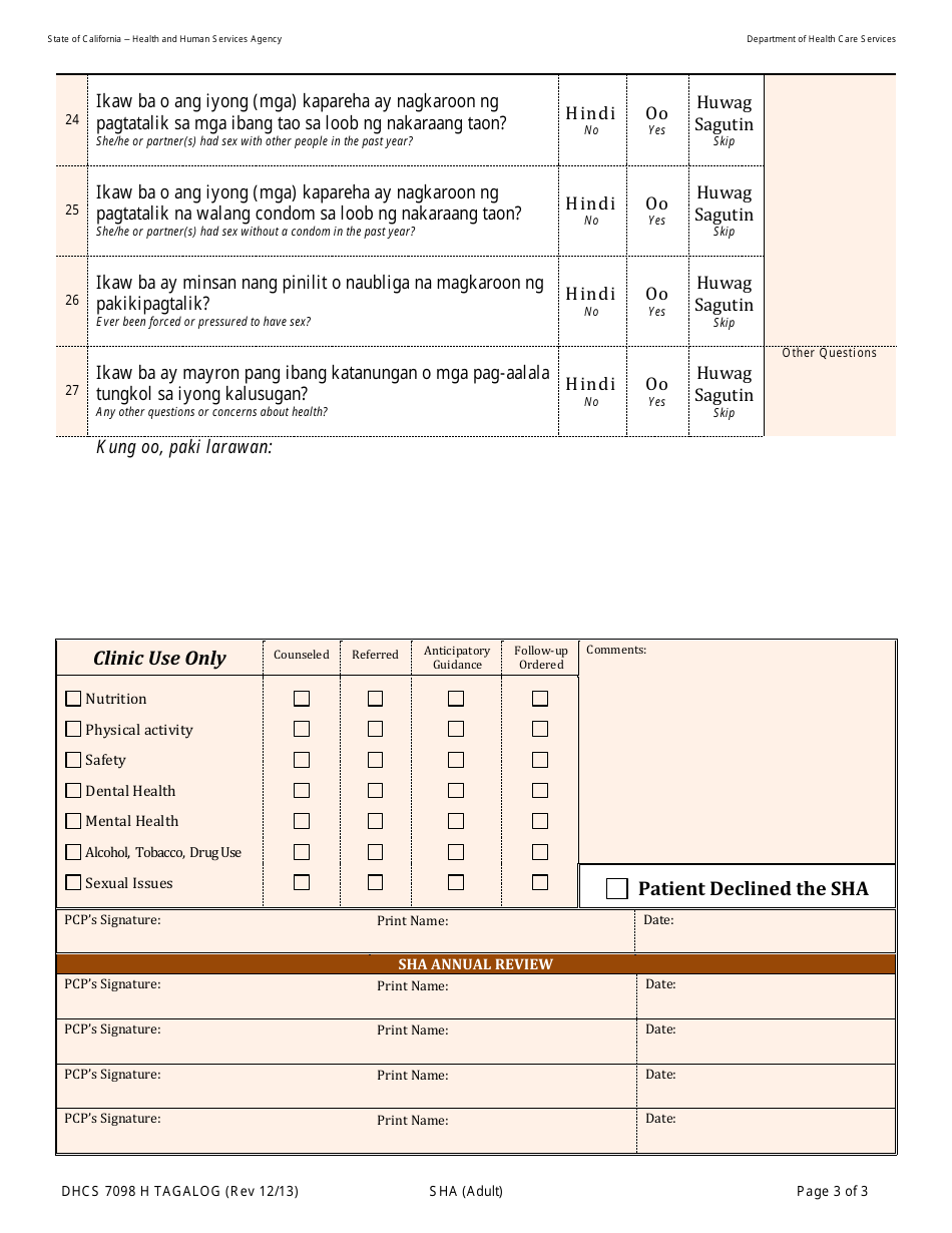 Form DHCS7098 H Staying Healthy Assessment: Adult - California (Tagalog), Page 3