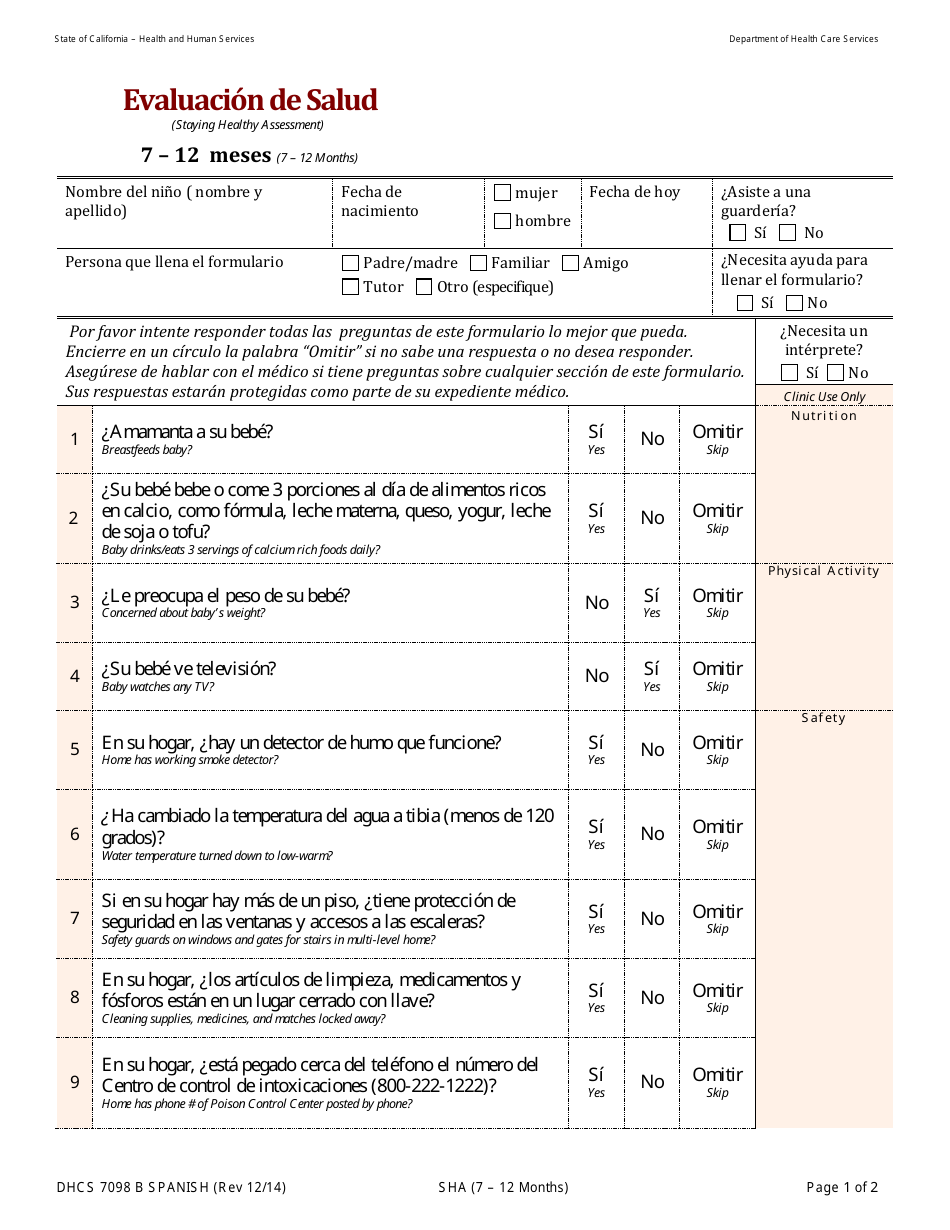 Formulario DHCS7098 B Evaluacion De Salud: 7 - 12 Meses - California (Spanish), Page 1