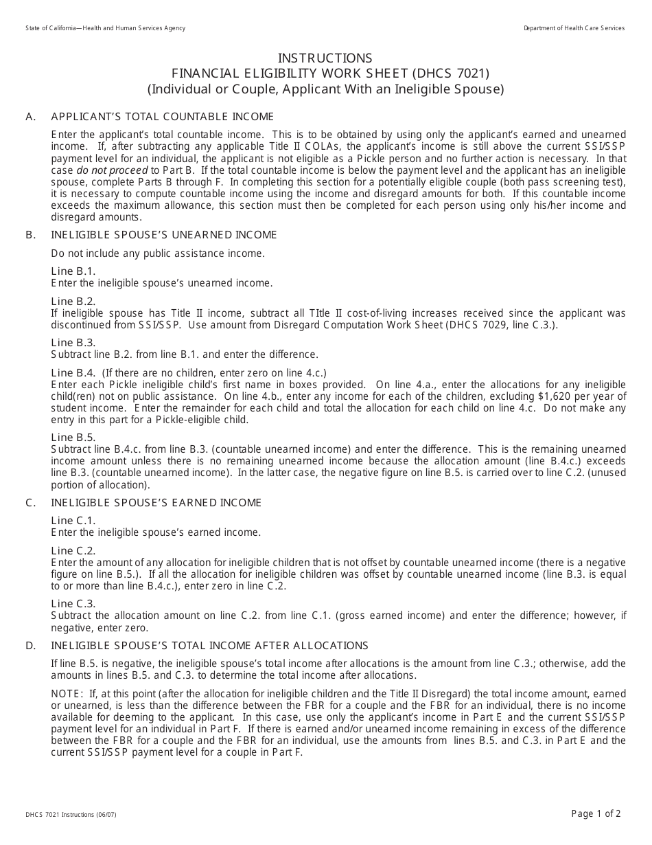 Instructions for Form DHCS7021 Financial Eligibility Work Sheet - California, Page 1
