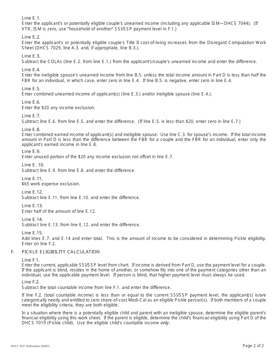 Instructions for Form DHCS7021 Financial Eligibility Work Sheet - California, Page 2