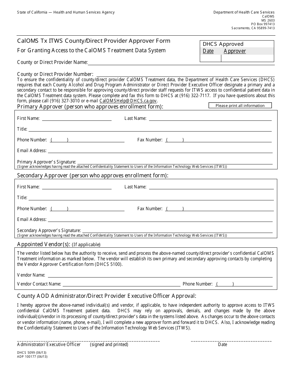 Form DHCS5099 (ADP100177) Caloms Tx Itws County / Direct Provider Approver Form for Granting Access to the Caloms Treatment Data System - California, Page 1