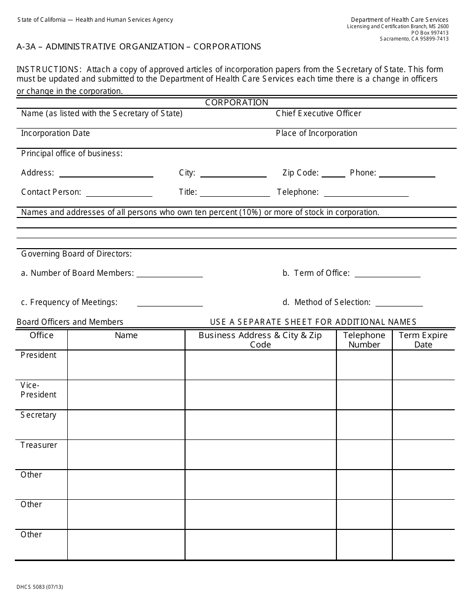 Form DHCS5083 Administrative Organization - Corporations - California, Page 1