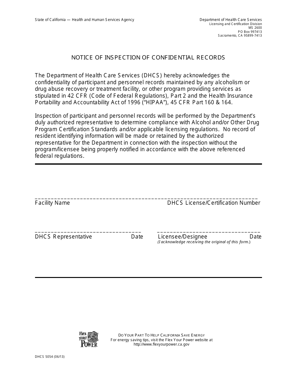 Form DHCS5054 Notice of Inspection of Confidential Records - California, Page 1
