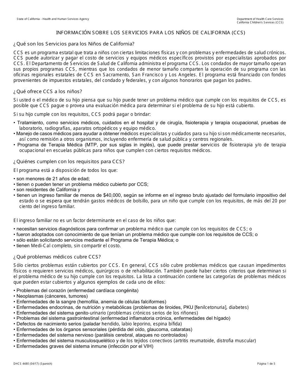 Formulario DHCS4480 Solicitud Para Determinar Si El Solicitante Puede Participar En El Programa Ccs - California (Spanish), Page 1