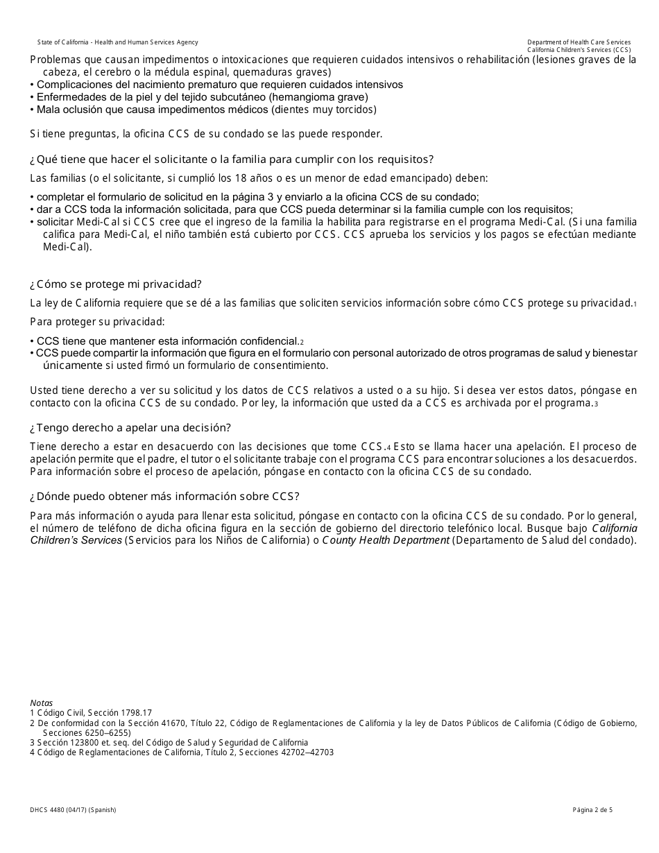 Formulario DHCS4480 Solicitud Para Determinar Si El Solicitante Puede Participar En El Programa Ccs - California (Spanish), Page 2