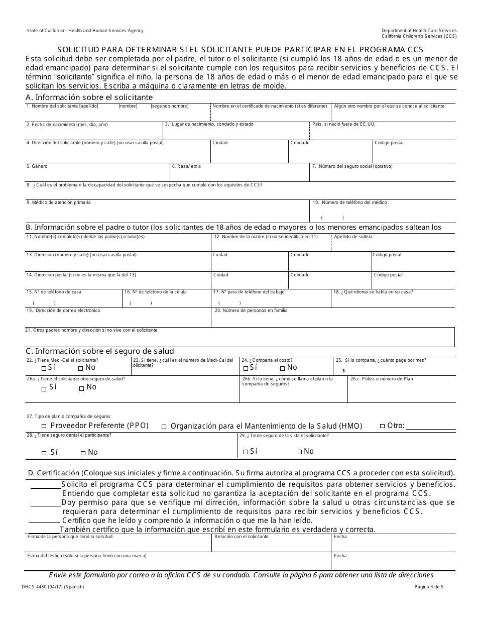 Formulario DHCS4480 Solicitud Para Determinar Si El Solicitante Puede Participar En El Programa Ccs - California (Spanish), Page 3