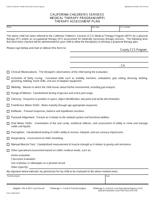 Form DHCS4098 Ccs Medical Therapy Program Therapy Assessment Plan - California