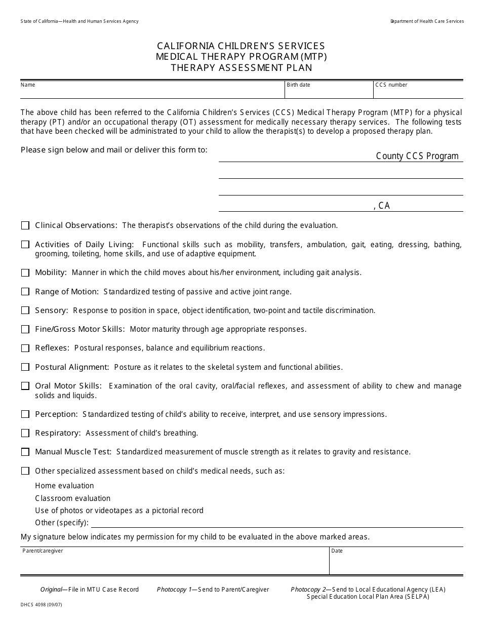 Form DHCS4098 Ccs Medical Therapy Program Therapy Assessment Plan - California, Page 1
