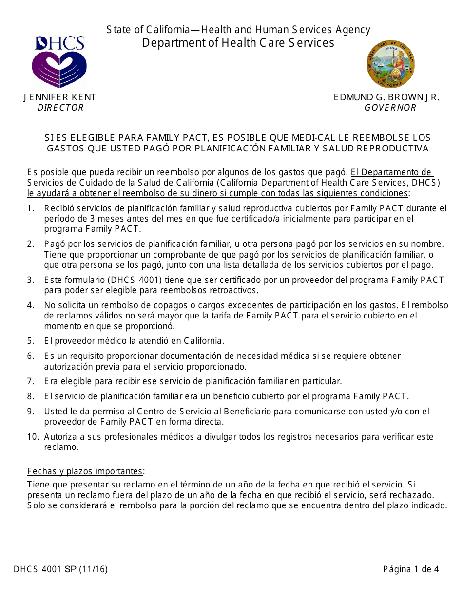 Formulario DHCS4001 SP Programas De Acceso a La Salud Certificacion Para El Programa Family Pact Retroactiva De Elegibilidad (Rec) - California (Spanish), Page 1