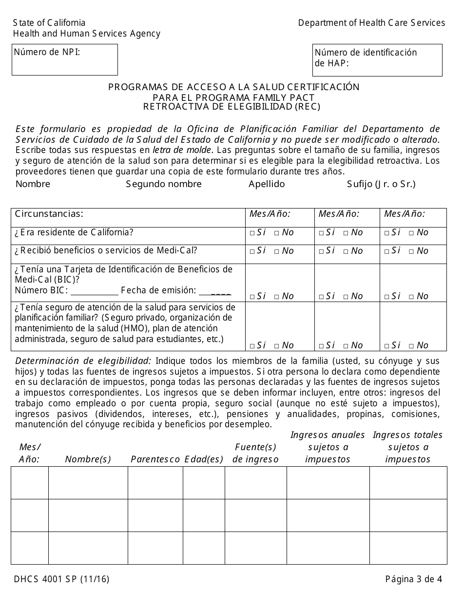 Formulario DHCS4001 SP Programas De Acceso a La Salud Certificacion Para El Programa Family Pact Retroactiva De Elegibilidad (Rec) - California (Spanish), Page 3