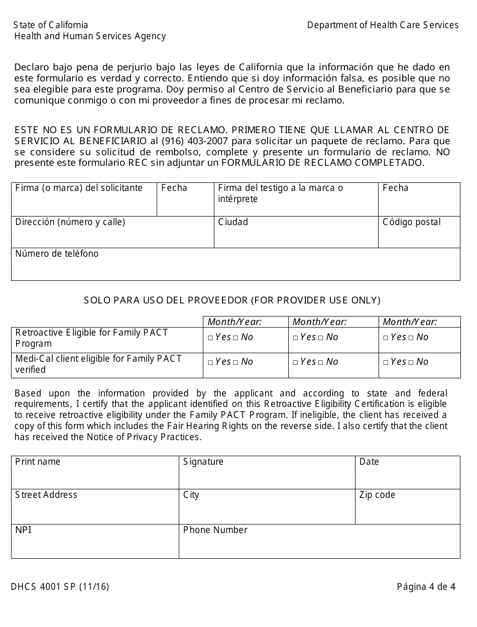 Formulario DHCS4001 SP Programas De Acceso a La Salud Certificacion Para El Programa Family Pact Retroactiva De Elegibilidad (Rec) - California (Spanish), Page 4
