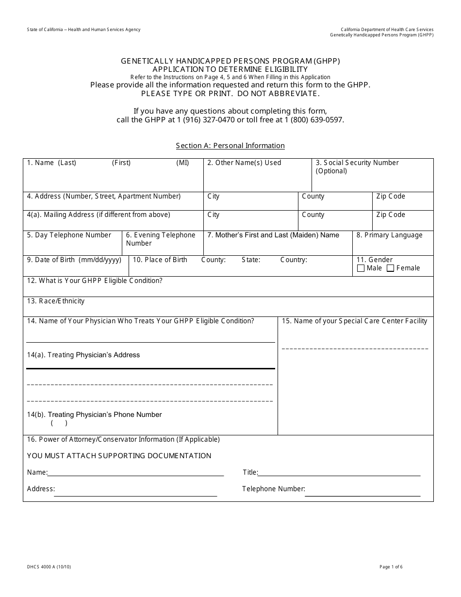 Form DHCS4000 A Genetically Handicapped Persons Program (Ghpp) Application to Determine Eligibility - California, Page 1